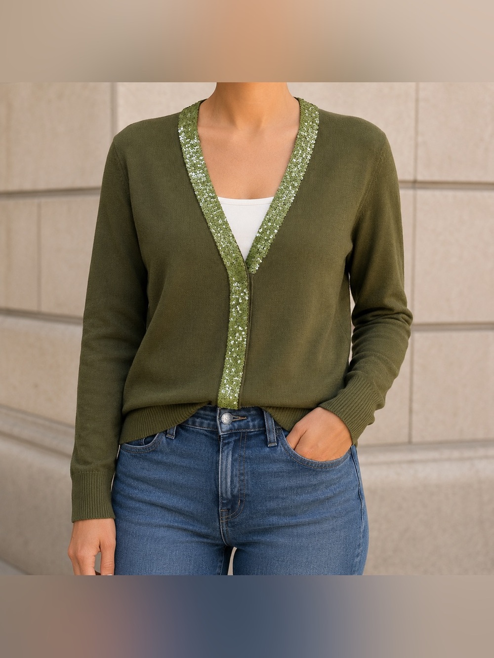 J. Crew Green Sequin Cardigan Sweater Women’s Small Merino Wool Button Up